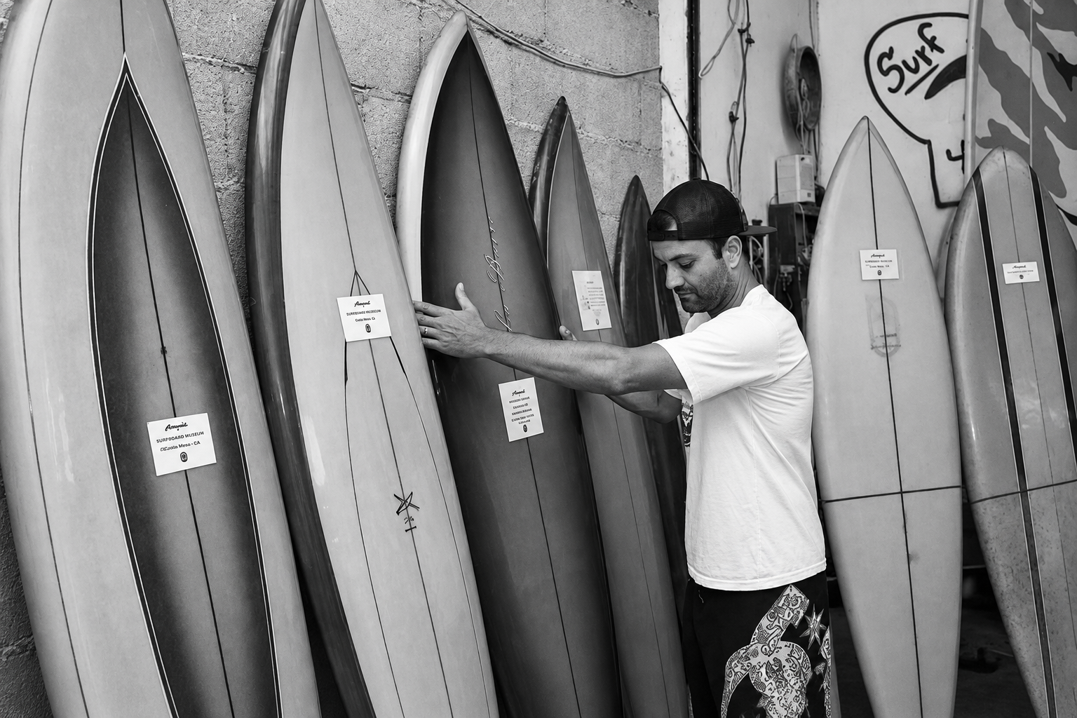 Pranchas do acervo do Museu do Surfe, cada uma com sua etiqueta de identificação